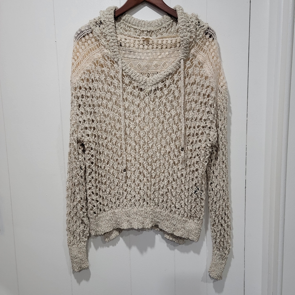 POL Beige Oversized Open Crochet Knit Hooded Sweater Size Medium